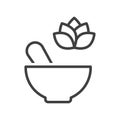 Herbal mortar icon. A simple line drawing of a mortar with a plant symbol. Vector over white background.