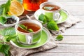 Herbal nettle tea in two cups on the table. Copy space