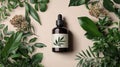 Herbal oil bottle surrounded by fresh leaves Royalty Free Stock Photo