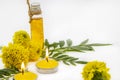 Herbal oils, candle extract flowers marigolds aromatherapy for health care Royalty Free Stock Photo