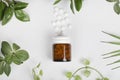 Herbal pills in glass bottle and green plant leaves around bottle on white background Royalty Free Stock Photo