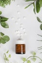 Herbal pills in glass bottle and green plant leaves around bottle on white background Royalty Free Stock Photo
