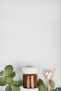 Herbal pills in glass bottle, wooden spoon and green plant leaves on white background. Royalty Free Stock Photo