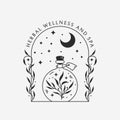 Herbal potion logo. Magic boho emblem with bottle and moon