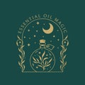 Herbal potion logo. Magic boho emblem with bottle and moon