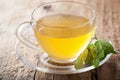 Herbal sage tea with green leaf in glass cup