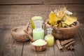 Herbal salt in the wooden bowl and herb