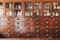 Herbal shop or Chinese herb store dried wooden antique cupboard