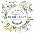 Herbal shop round emblem with herbs and flowers