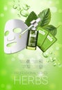 Herbal skin care mask ads. Vector Illustration with herbal smoothing mask and serum