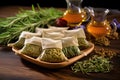 herbal sleep-aiding tea sachets on a wooden table