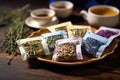 herbal sleep-aiding tea sachets on a wooden table