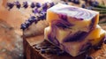 Herbal soap bars with lavender, showcased on a shimmering background. Lavender-scented soap display. Concept of