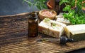 Herbal spa treatment with oil, natural soap, sea salt and green Royalty Free Stock Photo