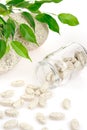 Herbal supplement pills spilling out of bottle