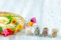 Herbal supplements and vitamins on wooden tray , decorated with colorfull medicinal flowers and herbs blurry wooden