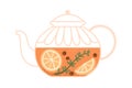 Herbal tea brewed in glass teapot with lemon, orange slices, healing herb and berries. Aromatic hot drink in pot with
