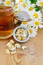 Herbal tea from chamomile dry in a strainer with mug Royalty Free Stock Photo