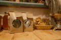 Herbal tea collection in paper bag on cozy rural kitchen table Royalty Free Stock Photo