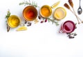 Herbal tea collection glasses on white background