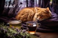 herbal tea in a cup next to a slumbering cat Royalty Free Stock Photo
