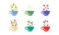 Herbal tea cups set, lemon, chamomile, strawberry, raspberry, cinnamon, rosehip, anise vector Illustration on a white