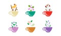 Herbal tea cups set, tea with orange, blueberry, apple, cinnamon, rosehip, anise vector Illustration on a white