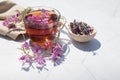 Herbal tea from fermented kipreya leaves in a glass Cup on a light background