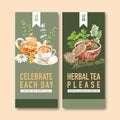 Herbal tea flyer design with thyme, rosemary, chamomile watercolor illustration