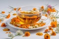 Herbal tea in a glass cup and calendula flowers nearby. Generative AI Royalty Free Stock Photo