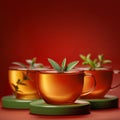 Herbal tea in glass cups with fresh leaves on red backdrop Royalty Free Stock Photo