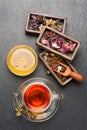 Herbal tea with honey, dried herbs and flowers Royalty Free Stock Photo