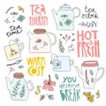 Herbal tea illustration and lettering set. Cute hand drawn doodle elements. Royalty Free Stock Photo