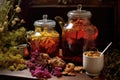 herbal tea ingredients in jars beside a brewing teapot