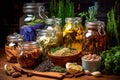 herbal tea ingredients in jars beside a brewing teapot