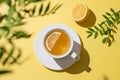 Herbal tea with lemon in a white cup on a yellow background Royalty Free Stock Photo