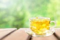 Herbal tea from linden flowers in a cup on a wooden table against the background of nature. Royalty Free Stock Photo