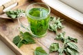 Herbal tea made of dry Urtica dioica, known as common nettle, burn nettle or stinging nettle leaves in clear glass cup.