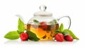 Herbal tea with mint and strawberries in glass teapot isolated on white background.Generative AI. Royalty Free Stock Photo