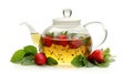 Herbal tea with mint and strawberries in glass teapot isolated on white background.Generative AI Royalty Free Stock Photo