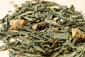 Herbal Tea Pile. Composition with Verbena, Spice Mint and dry orange peels. Healthy dry herbs concept.