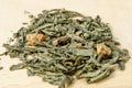 Herbal Tea Pile. Composition with Verbena, Spice Mint and dry orange peels. Healthy dry herbs concept.