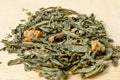 Herbal Tea Pile. Composition with Verbena, Spice Mint and dry orange peels. Healthy dry herbs concept.