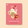 Herbal tea poster design with Rosella, Tea pot, Chamomile watercolor illustration