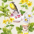 Herbal tea - pot, cup and bird. Repeating pattern. Watercolor