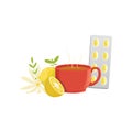 Herbal tea in a red cup, lemon, chamomile and pills cold remedies vector Illustration on a white background