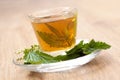 Herbal tea with stinging nettle inside teacup, on wooden flooring Royalty Free Stock Photo