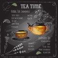 Herbal Tea Time card with cup, teapot, flowers and leaves.