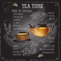 Herbal Tea Time card with cup, teapot, Mint, hibiscus.
