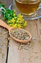 Herbal tea from tutsan dry and fresh on the spoon Royalty Free Stock Photo